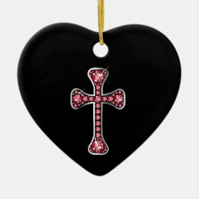 Christian Cross with "Ruby" Stones Ceramic Tree Decoration (Front)
