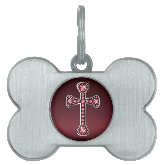 Christian Cross with "Ruby" Stones Pet ID Tag (Front)