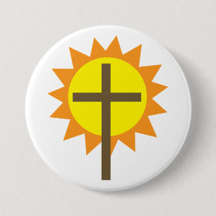Christian Cross with Yellow Sun and Orange Rays 7.5 Cm Round Badge