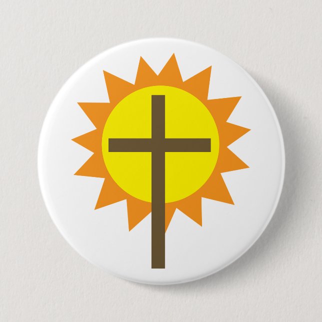 Christian Cross with Yellow Sun and Orange Rays 7.5 Cm Round Badge (Front)