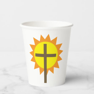 Christian Cross with Yellow Sun and Orange Rays Paper Cups