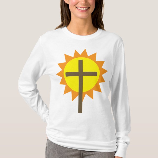 Christian Cross with Yellow Sun and Orange Rays T-Shirt (Front)