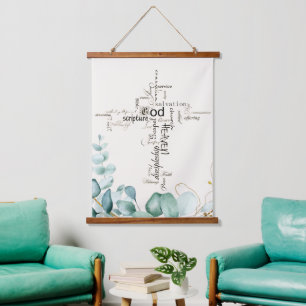 Christian cross words collage greenery hanging tapestry
