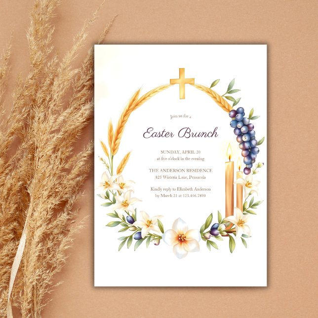 Christian Cross  Wreath Catholic Easter Brunch Invitation (Christian Cross Wreath Catholic Easter Brunch Invitation)