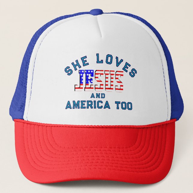 Christian custom template loves Jesus and America Trucker Hat (Front)