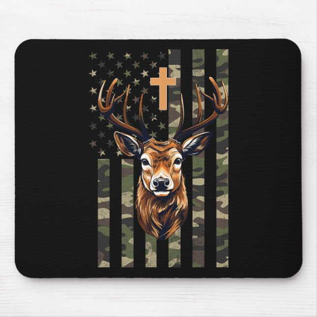 Christian Deer Hunting Camo American Flag  Mouse Pad (Front)