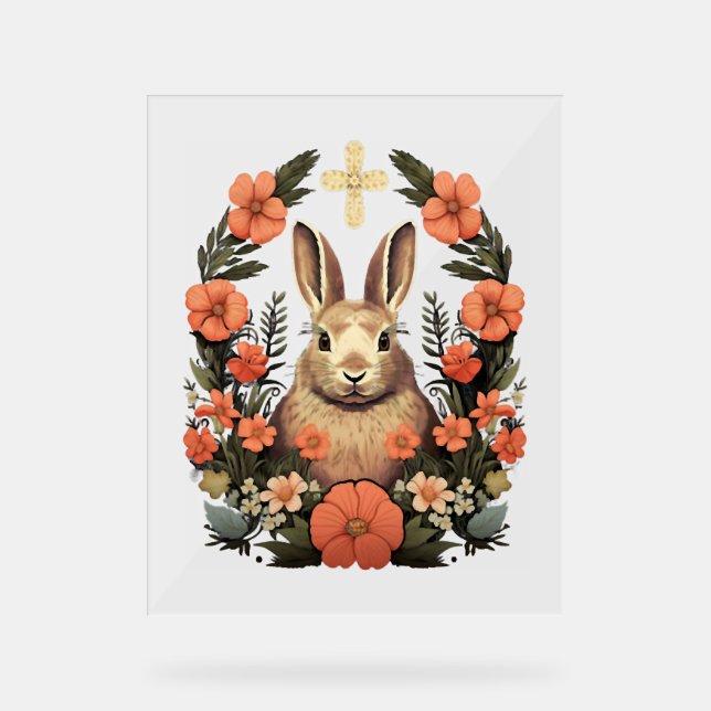 Christian Easter Day Cross Easter Bunny Rabbit Acrylic Sign (Front)