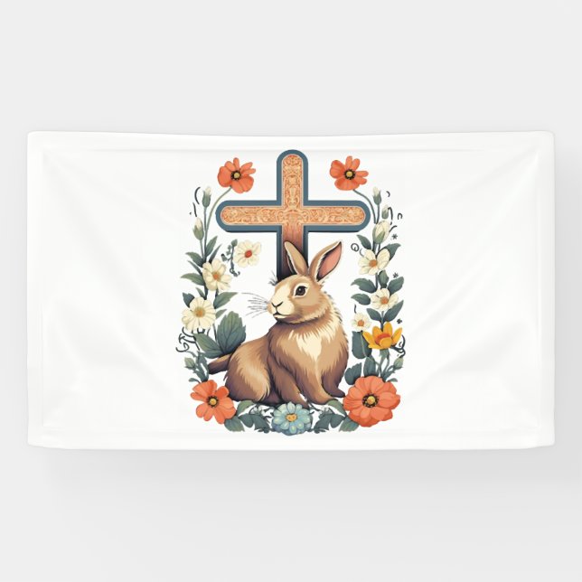 Christian Easter Day Cross Easter Bunny Rabbit  Banner (Horizontal)