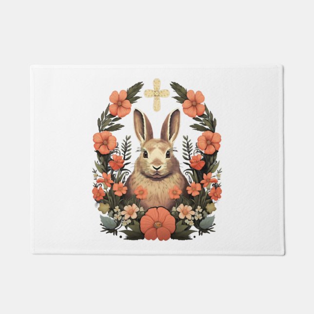 Christian Easter Day Cross Easter Bunny Rabbit Doormat (Front)