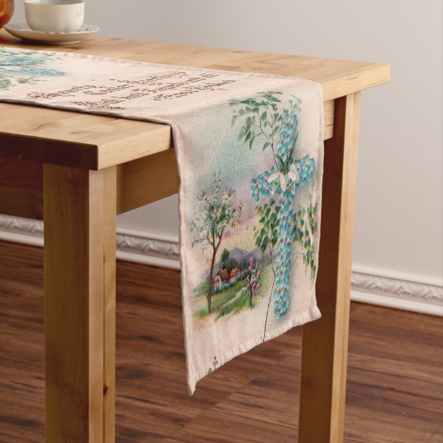Christian Easter Table Runner | Blue Flowers Cross (In Situ)