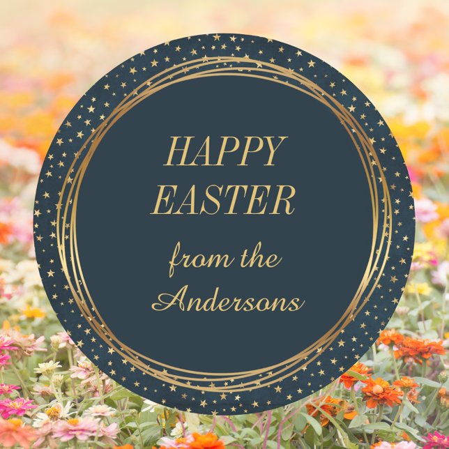 Christian Elegant Gold Star Custom Happy Easter Classic Round Sticker (Religious Christian Catholic Elegant Gold Star Pattern Custom Happy Easter Classic Round Sticker)