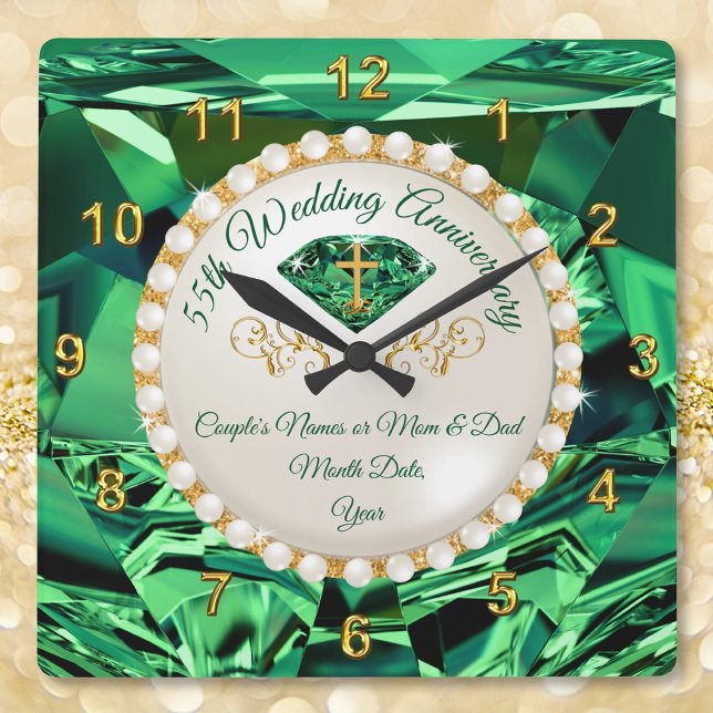 CHRISTIAN Emerald, 55 Year Anniversary Gift Square Wall Clock (55th wedding anniversary gift for couple. Emerald themed anniversary gifts. 20th wedding anniversary)