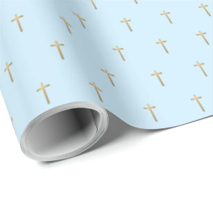 Christian Event Faux Gold Cross Pattern Blue Wrapping Paper
