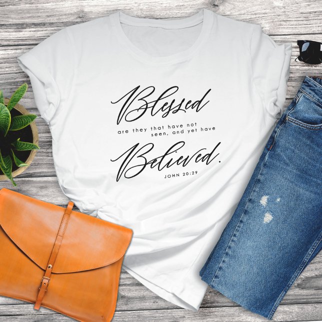 Christian Faith-Based John 20:29 Bible Verse White T-Shirt (Creator Uploaded)