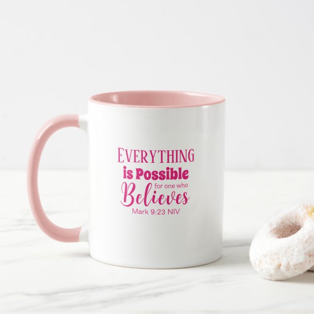 Christian Faith Bible Verse Believe Pink Mug (With Donut)