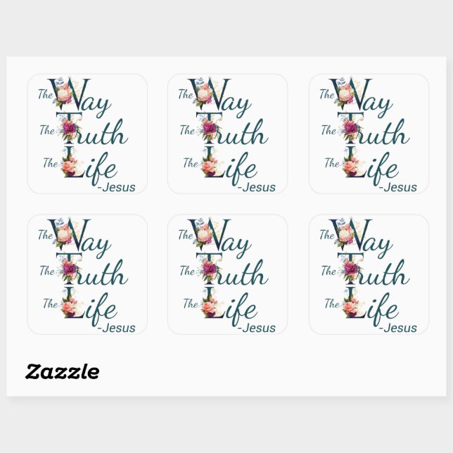 Christian Faith Bible Verse: Way Truth Life Jesus Square Sticker (Sheet)