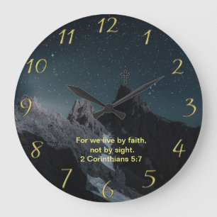 Christian Faith cross with 2 Corinthians 5:7  Large Clock