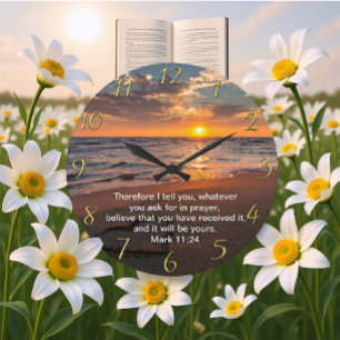 Christian Faith cross with Mark 11:24  Large Clock