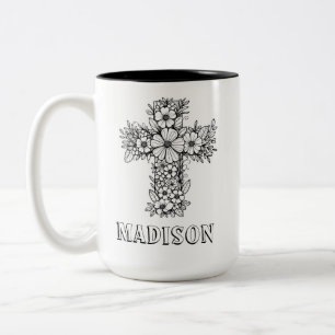 Christian Faith Floral Cross Custom Name Colouring Two-Tone Coffee Mug