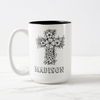 Christian Faith Floral Cross Custom Name Colouring Two-Tone Coffee Mug