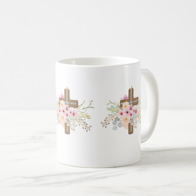 Christian Faith Floral Cross Mug ADD TEXT (Front Right)