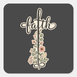 Christian Faith Floral Cross Typography Design Square Sticker