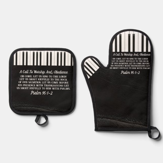Christian Faith Quotes With Piano Keys Image Black Oven Mitt & Pot Holder Set (Front)