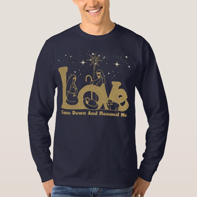 Christian Family Christmas Nativity Scene Gold T-Shirt (Front)