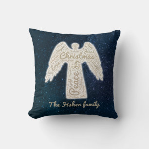 Christian family holiday gold typography angel cushion
