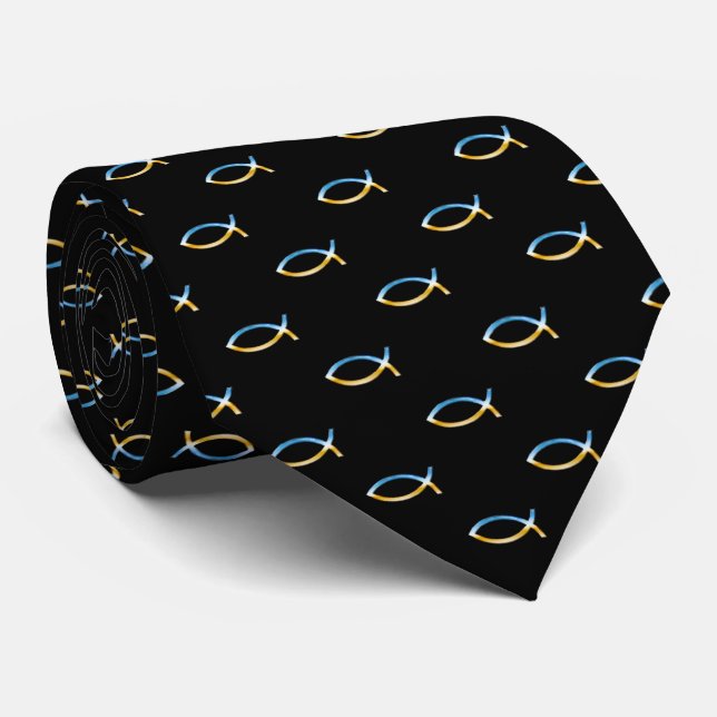 Christian Fish Symbol Pattern | Elegant Black Tie (Rolled)