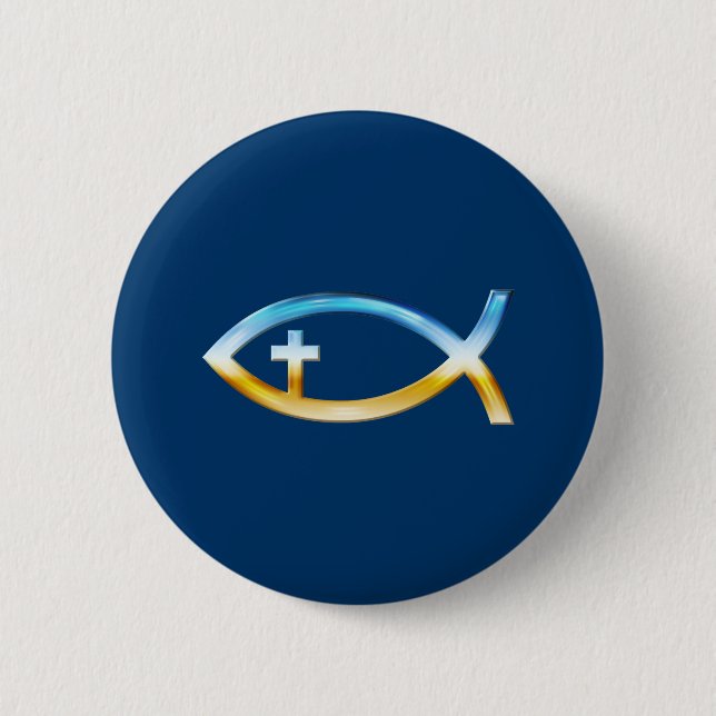 Christian Fish Symbol with Crucifix - Sky & Ground 6 Cm Round Badge (Front)