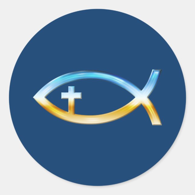 Christian Fish Symbol with Crucifix - Sky & Ground Classic Round Sticker (Front)