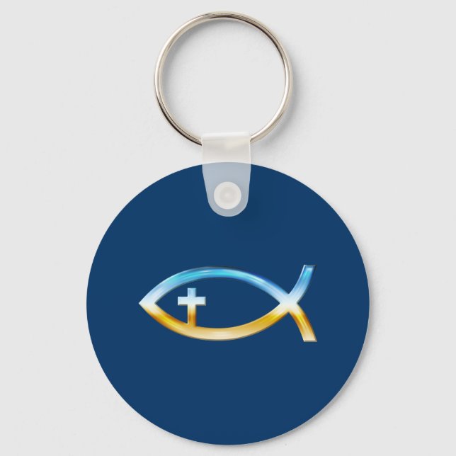 Christian Fish Symbol with Crucifix - Sky & Ground Key Ring (Front)