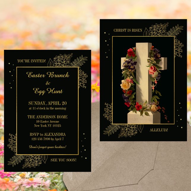 Christian Floral Cross Easter Brunch Egg Hunt Invitation (Christian Catholic Floral Cross Resurrection Jesus Christ is risen Easter Brunch Egg Hunt Invitation)