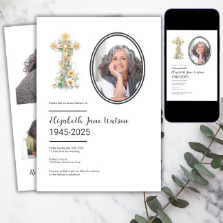Christian Floral Cross Funeral Photo Invitation