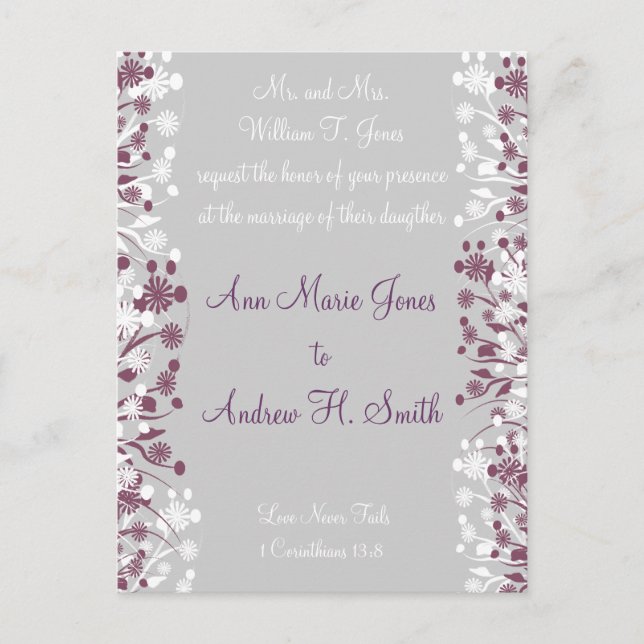 Christian Floral Wedding Grape Twist Plum Grey Postcard (Front)