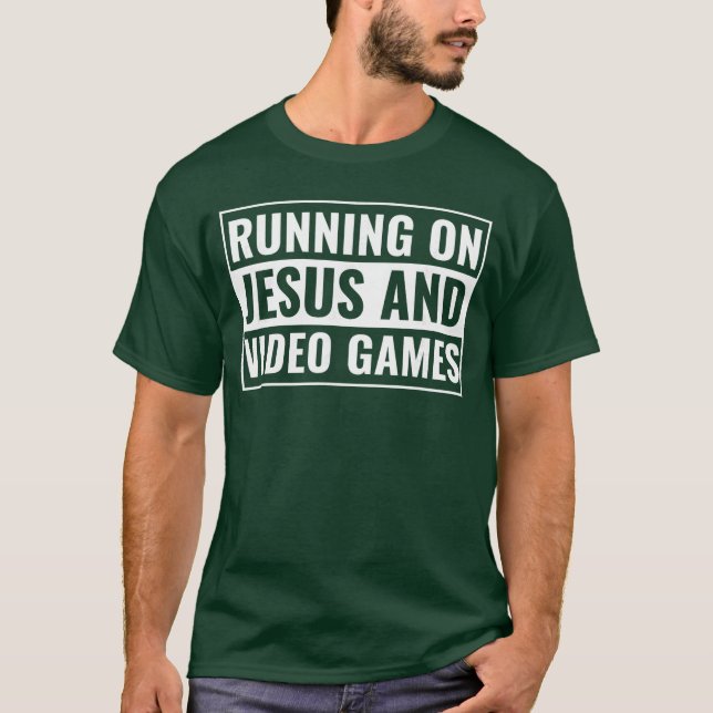 Christian foreen Boys Running on Jesus Video Games T-Shirt (Front)