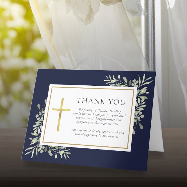 Christian Funeral Navy Blue Watercolor Greenery  Thank You Card (Christian Funeral Navy Blue Watercolor Greenery Thank You Card)