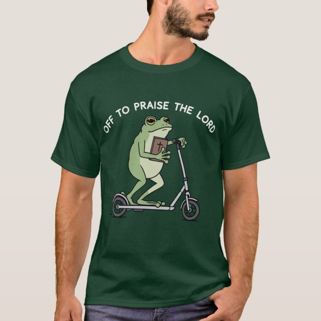 Christian Funny Frog Off To Praise The Lord Bible  T-Shirt (Front)