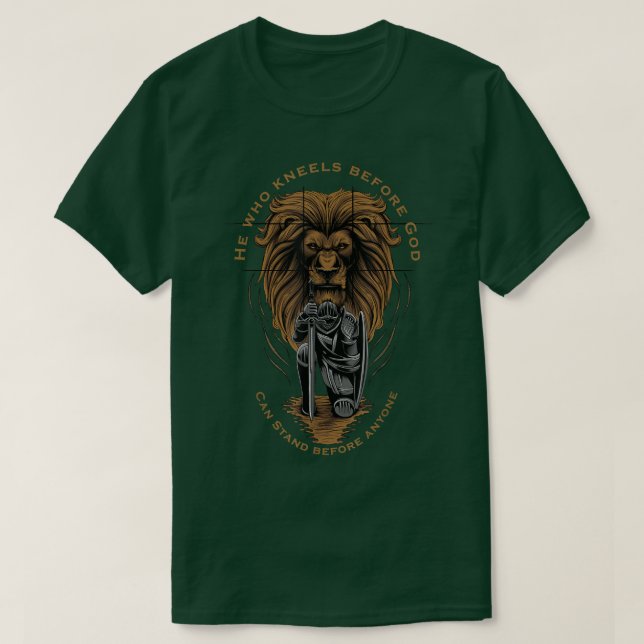Christian Gifts Religious Kneeling Warrior Lion of T-Shirt (Design Front)