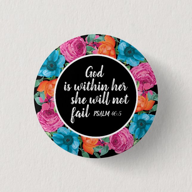 Christian God is Within Her Colourful Floral Black 3 Cm Round Badge (Front)