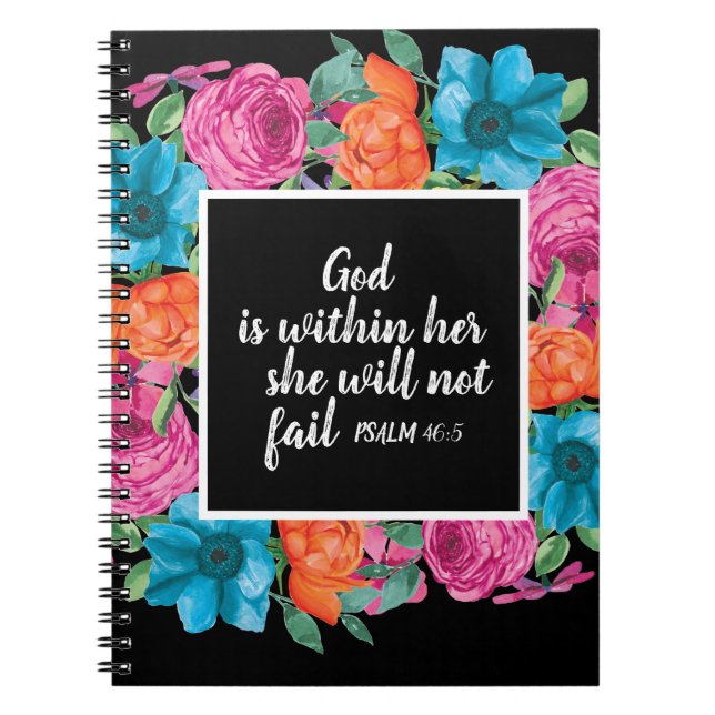 Christian God is Within Her Colourful Floral Black Notebook (Front)