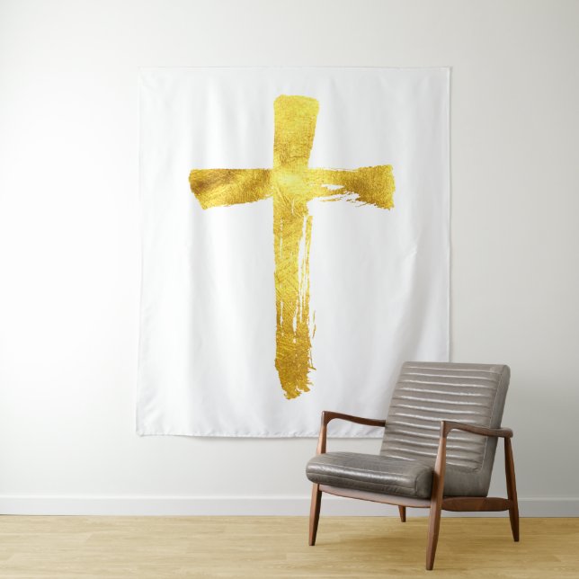 Christian Gold Brush Cross - Modern Crucifix Tapestry (In Situ)