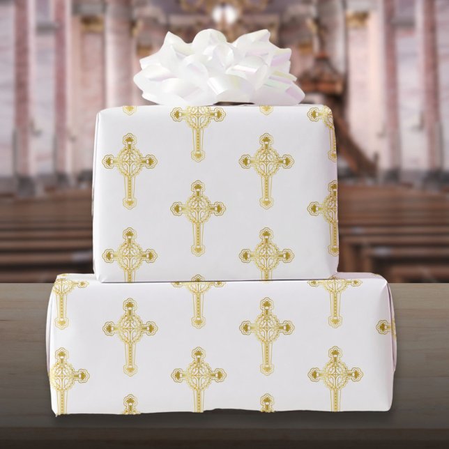 Christian Gold Cross Baptism Christening Communion Wrapping Paper (Christian Gold Cross Baptism Christening Communion Wrapping Paper)
