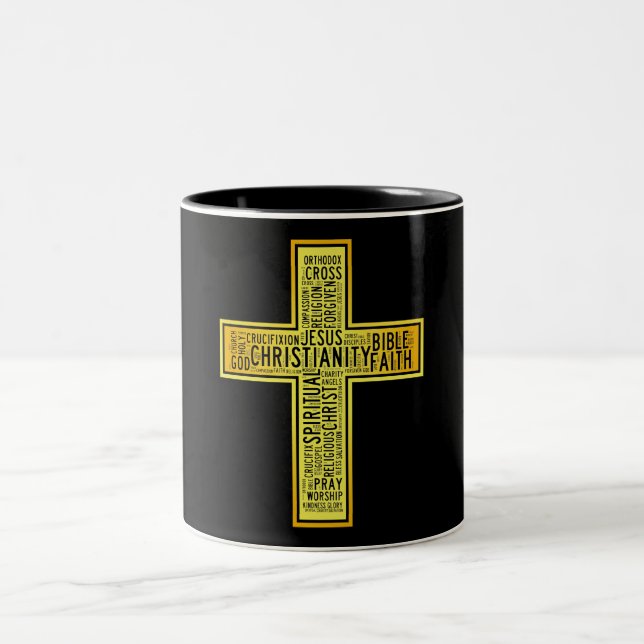 Christian gold cross - text design Two-Tone coffee mug (Center)