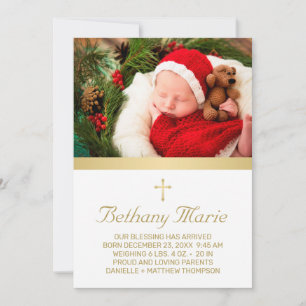 Christian Gold Script Holiday Baby Birth Photo Announcement