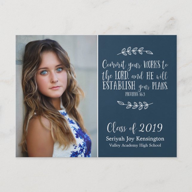 Christian Graduation Bible Verse Typography | Blue Postcard (Front)