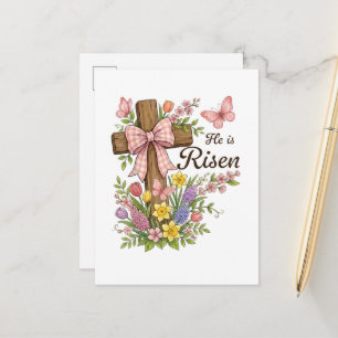 Christian- He is Risen Floral Cross Religious  Announcement Postcard