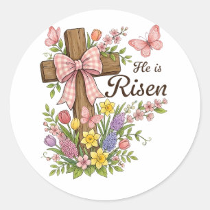 Christian- He is Risen Floral Cross Religious Classic Round Sticker