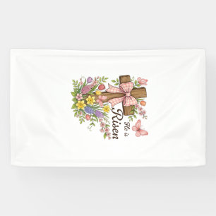 Christian- He is Risen Floral Cross Religious East Banner